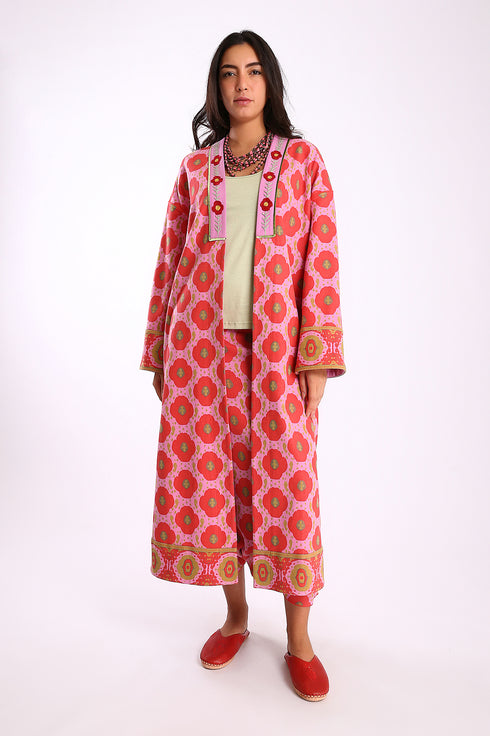 Long printed coat in cotton and viscose cashmere with pockets